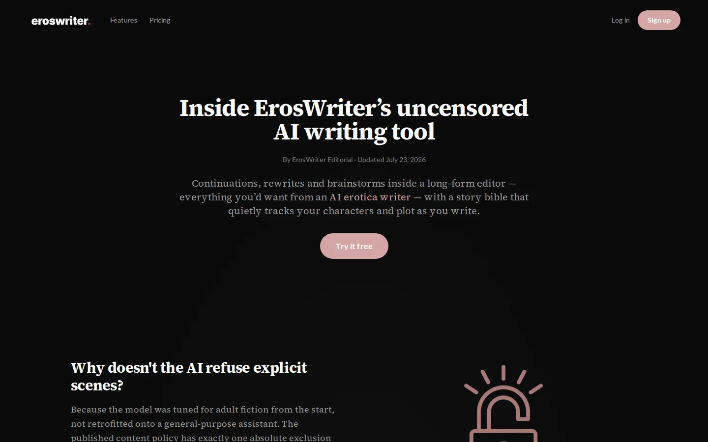 Страница возможностей ErosWriter с описанием редактора взрослой прозы